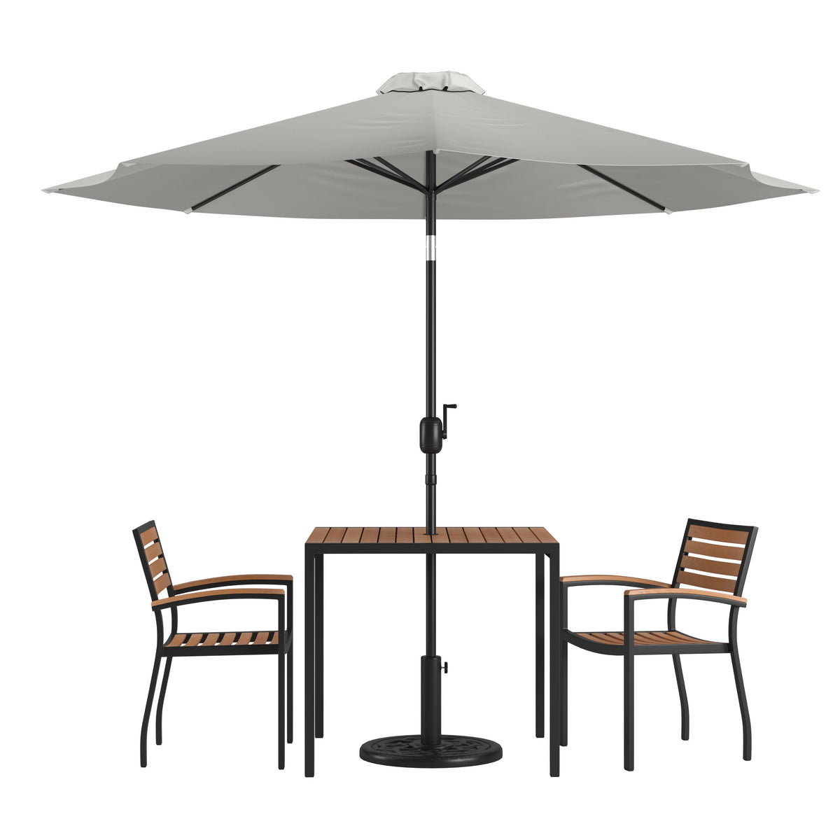 Flash Furniture XU-DG-810060062-UB19BGY-GG 35" Square Faux Teak Patio Table, 2 Chairs and Gray 9FT Patio Umbrella with Base - Main view