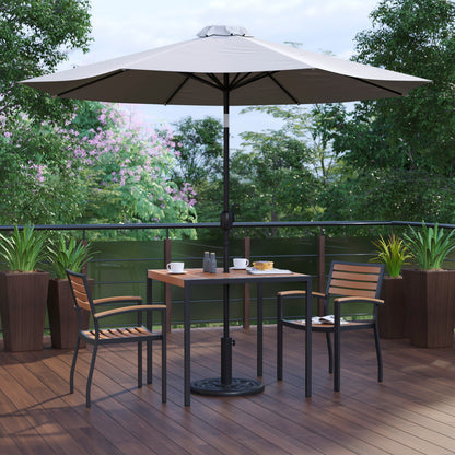 Flash Furniture XU-DG-810060062-UB19BGY-GG 35" Square Faux Teak Patio Table, 2 Chairs and Gray 9FT Patio Umbrella with Base - View 2