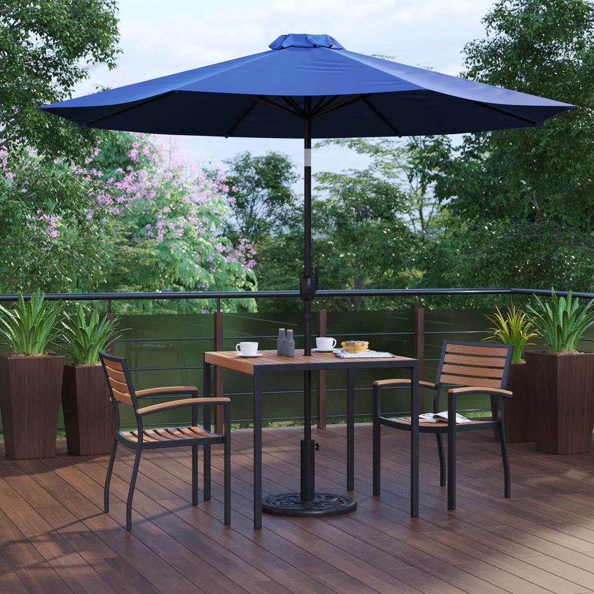 Flash Furniture XU-DG-810060062-UB19BNV-GG 35" Square Faux Teak Patio Table, 2 Chairs and Navy 9FT Patio Umbrella with Base - View 2
