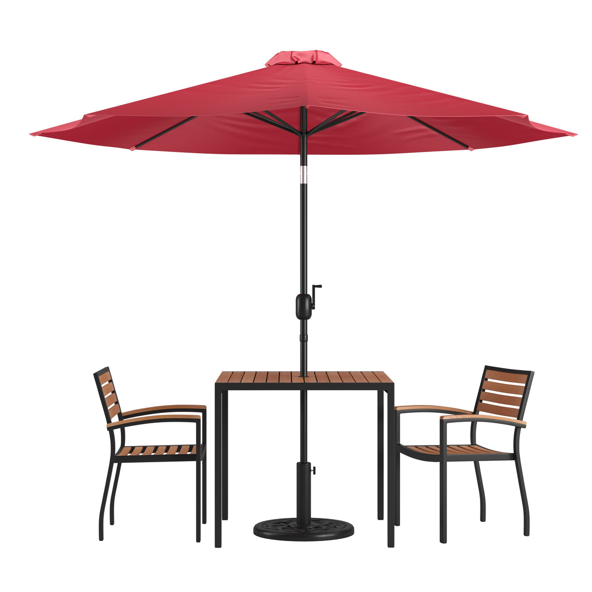 Flash Furniture XU-DG-810060062-UB19BRD-GG 35" Square Faux Teak Patio Table, 2 Chairs and Red 9FT Patio Umbrella with Base - Main view