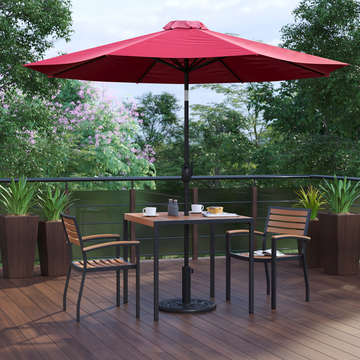 Flash Furniture XU-DG-810060062-UB19BRD-GG 35" Square Faux Teak Patio Table, 2 Chairs and Red 9FT Patio Umbrella with Base - View 2