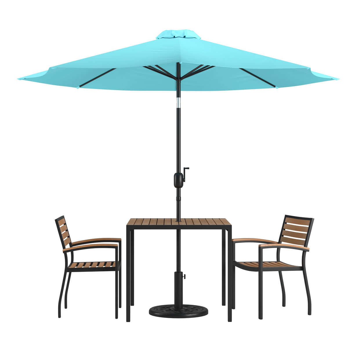 Flash Furniture XU-DG-810060062-UB19BTL-GG 35" Square Faux Teak Patio Table, 2 Chairs and Teal 9FT Patio Umbrella with Base - Main view