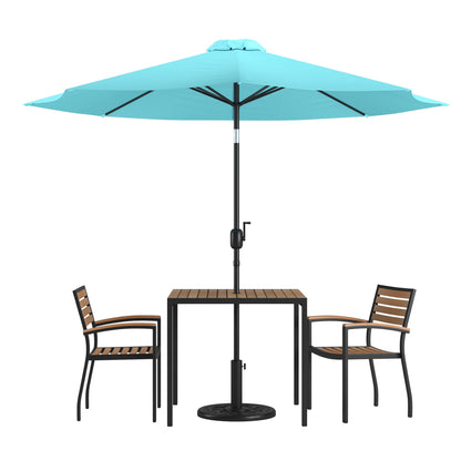 Flash Furniture XU-DG-810060062-UB19BTL-GG 35" Square Faux Teak Patio Table, 2 Chairs and Teal 9FT Patio Umbrella with Base - Main view