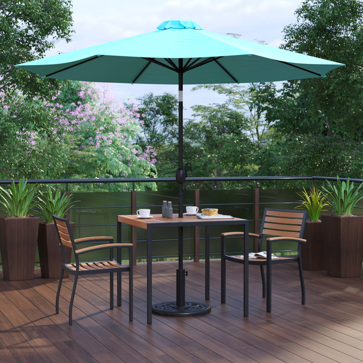 Flash Furniture XU-DG-810060062-UB19BTL-GG 35" Square Faux Teak Patio Table, 2 Chairs and Teal 9FT Patio Umbrella with Base - View 2