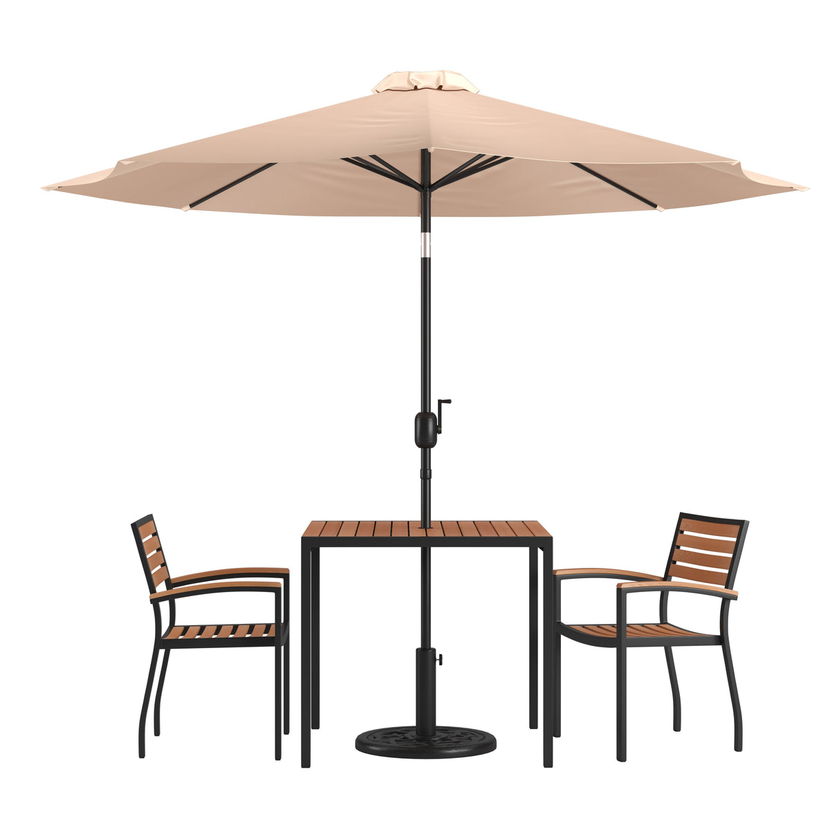 Flash Furniture XU-DG-810060062-UB19BTN-GG 35" Square Faux Teak Patio Table, 2 Chairs and Tan 9FT Patio Umbrella with Base - Main view
