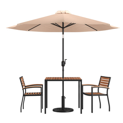 Flash Furniture XU-DG-810060062-UB19BTN-GG 35" Square Faux Teak Patio Table, 2 Chairs and Tan 9FT Patio Umbrella with Base - Main view