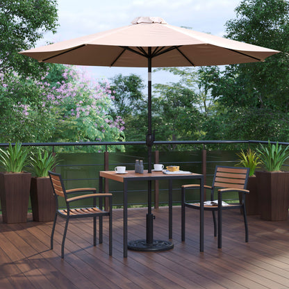 Flash Furniture XU-DG-810060062-UB19BTN-GG 35" Square Faux Teak Patio Table, 2 Chairs and Tan 9FT Patio Umbrella with Base - View 2