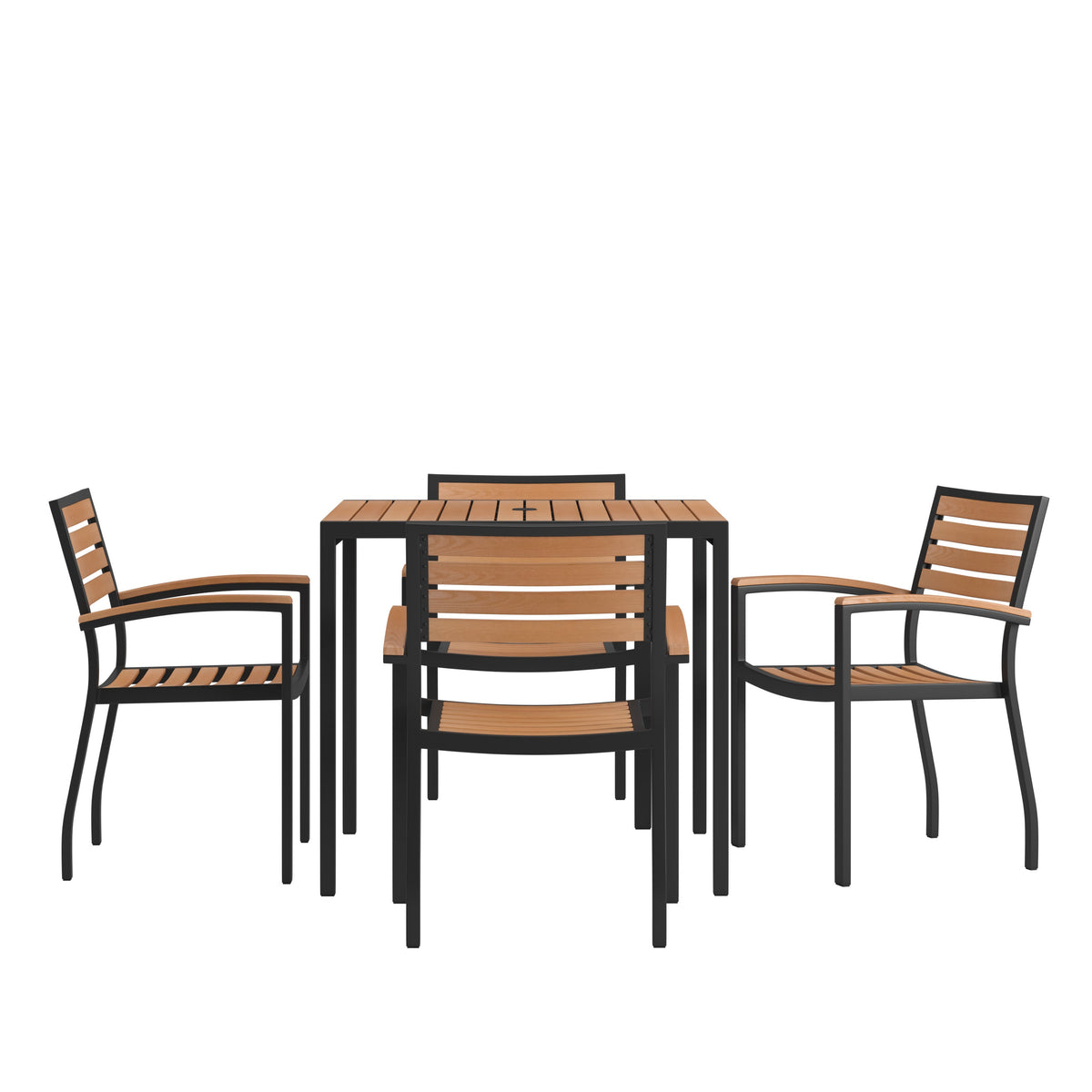 Flash Furniture XU-DG-810060064-GG Black Steel Framed 36" Square Faux Teak Table with Umbrella Hole & 4 Club Chairs - Main view
