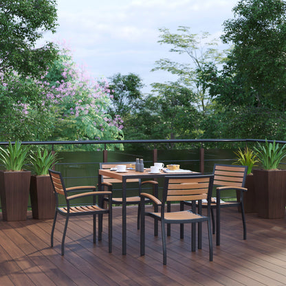 Flash Furniture XU-DG-810060064-GG Black Steel Framed 36" Square Faux Teak Table with Umbrella Hole & 4 Club Chairs - View 2