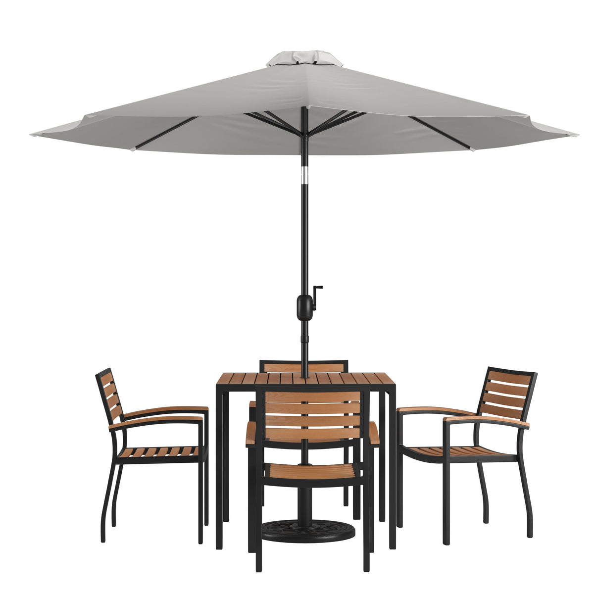 Flash Furniture XU-DG-810060064-UB19BGY-GG 35" Square Faux Teak Patio Table, 4 Chairs and Gray 9FT Patio Umbrella with Base - Main view