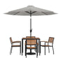 Flash Furniture XU-DG-810060064-UB19BGY-GG 35" Square Faux Teak Patio Table, 4 Chairs and Gray 9FT Patio Umbrella with Base - Main view