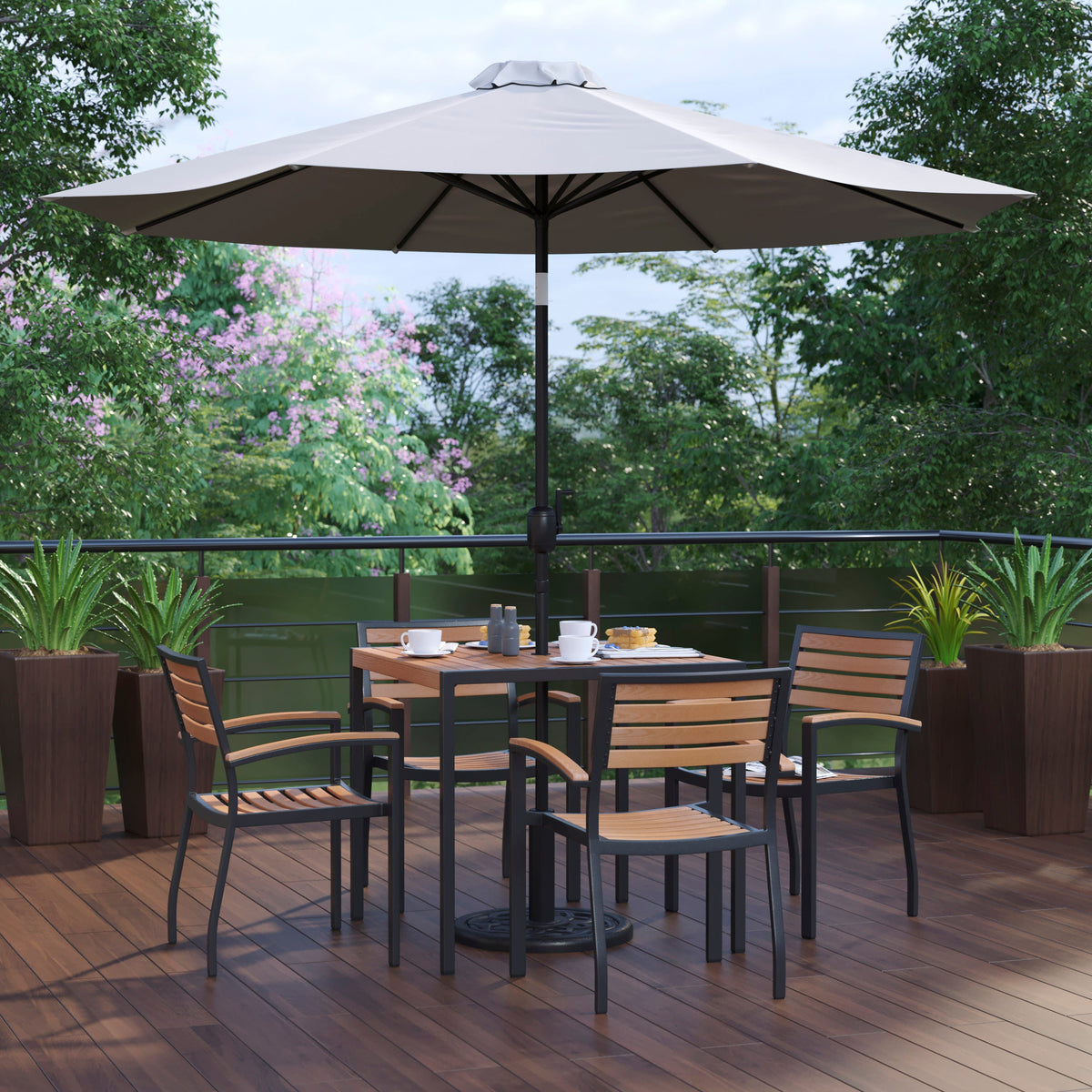 Flash Furniture XU-DG-810060064-UB19BGY-GG 35" Square Faux Teak Patio Table, 4 Chairs and Gray 9FT Patio Umbrella with Base - View 2