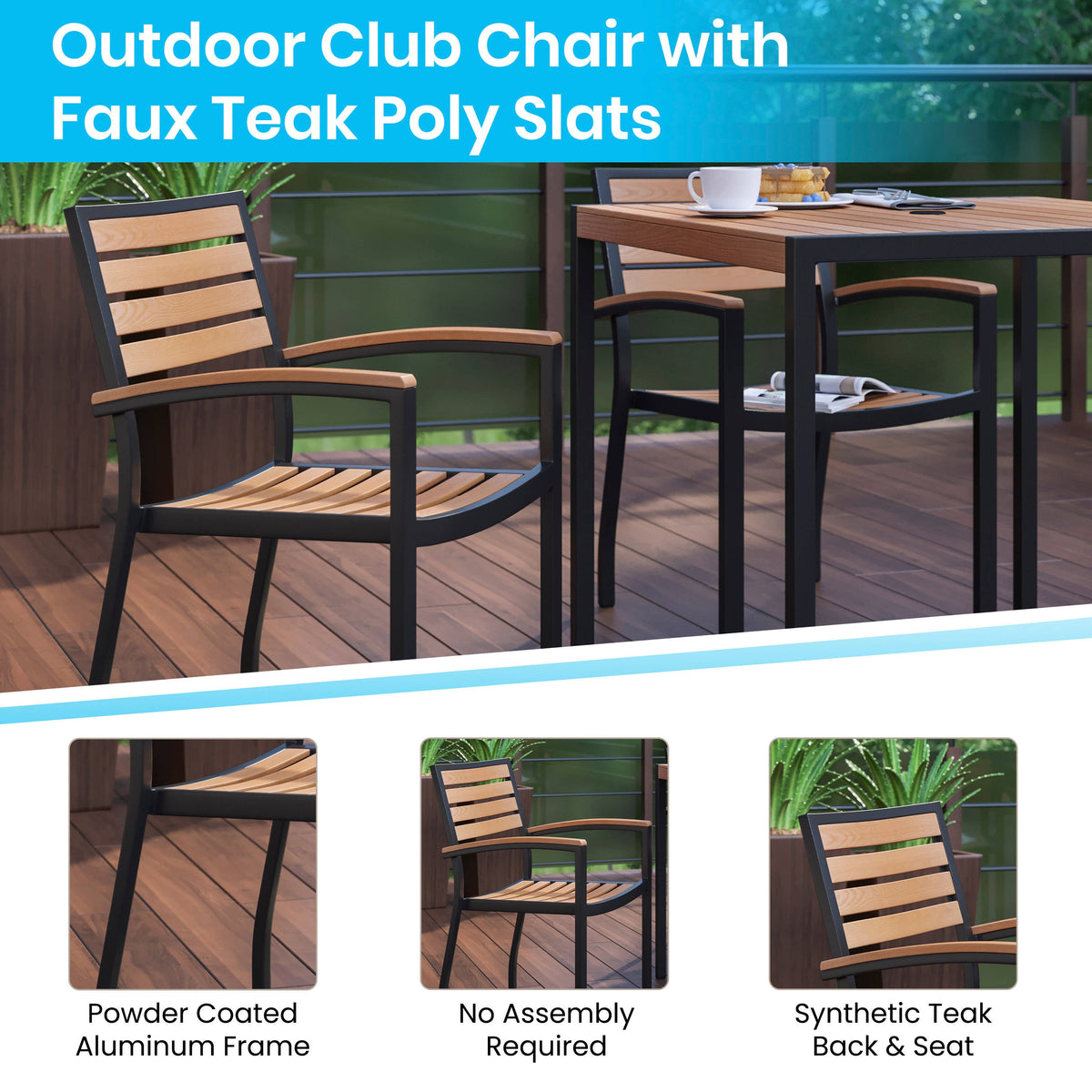 Flash Furniture XU-DG-810060064-UB19BGY-GG 35" Square Faux Teak Patio Table, 4 Chairs and Gray 9FT Patio Umbrella with Base - View 4