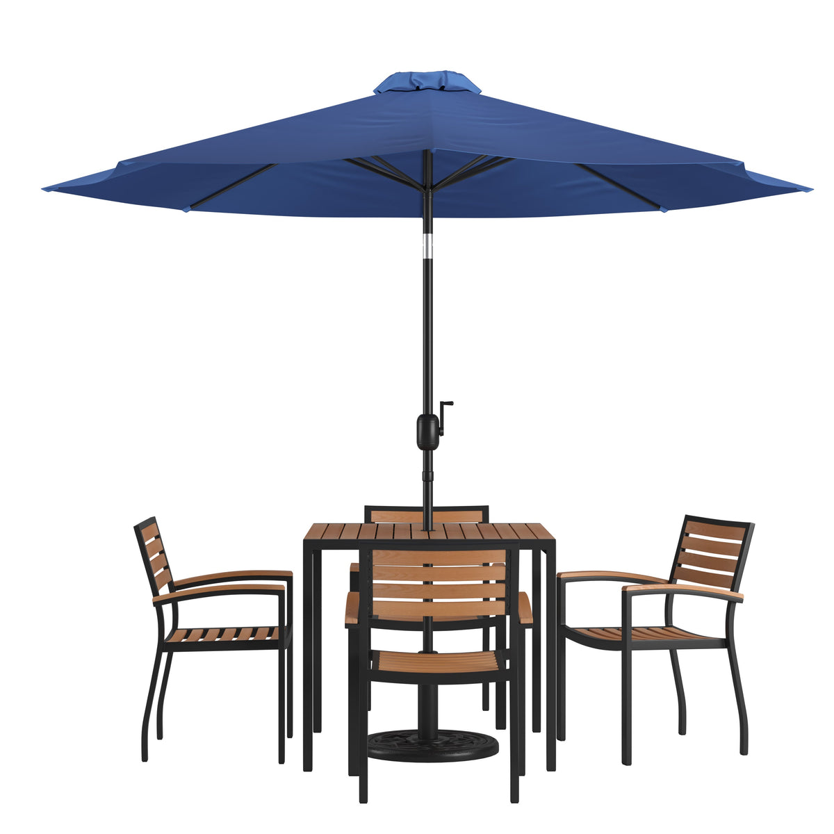 Flash Furniture XU-DG-810060064-UB19BNV-GG 35" Square Faux Teak Patio Table, 4 Chairs and Navy 9FT Patio Umbrella with Base - Main view
