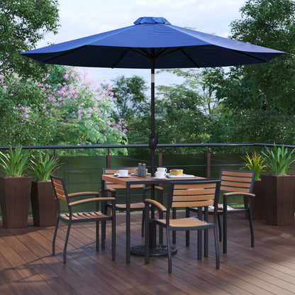 Flash Furniture XU-DG-810060064-UB19BNV-GG 35" Square Faux Teak Patio Table, 4 Chairs and Navy 9FT Patio Umbrella with Base - View 2