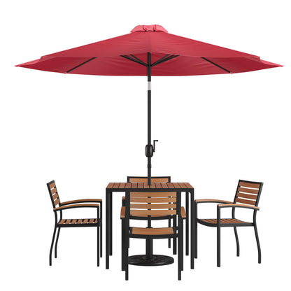 Flash Furniture XU-DG-810060064-UB19BRD-GG 35" Square Faux Teak Patio Table, 4 Chairs and Red 9FT Patio Umbrella with Base - Main view