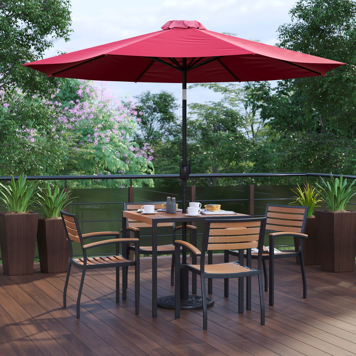 Flash Furniture XU-DG-810060064-UB19BRD-GG 35" Square Faux Teak Patio Table, 4 Chairs and Red 9FT Patio Umbrella with Base - View 2