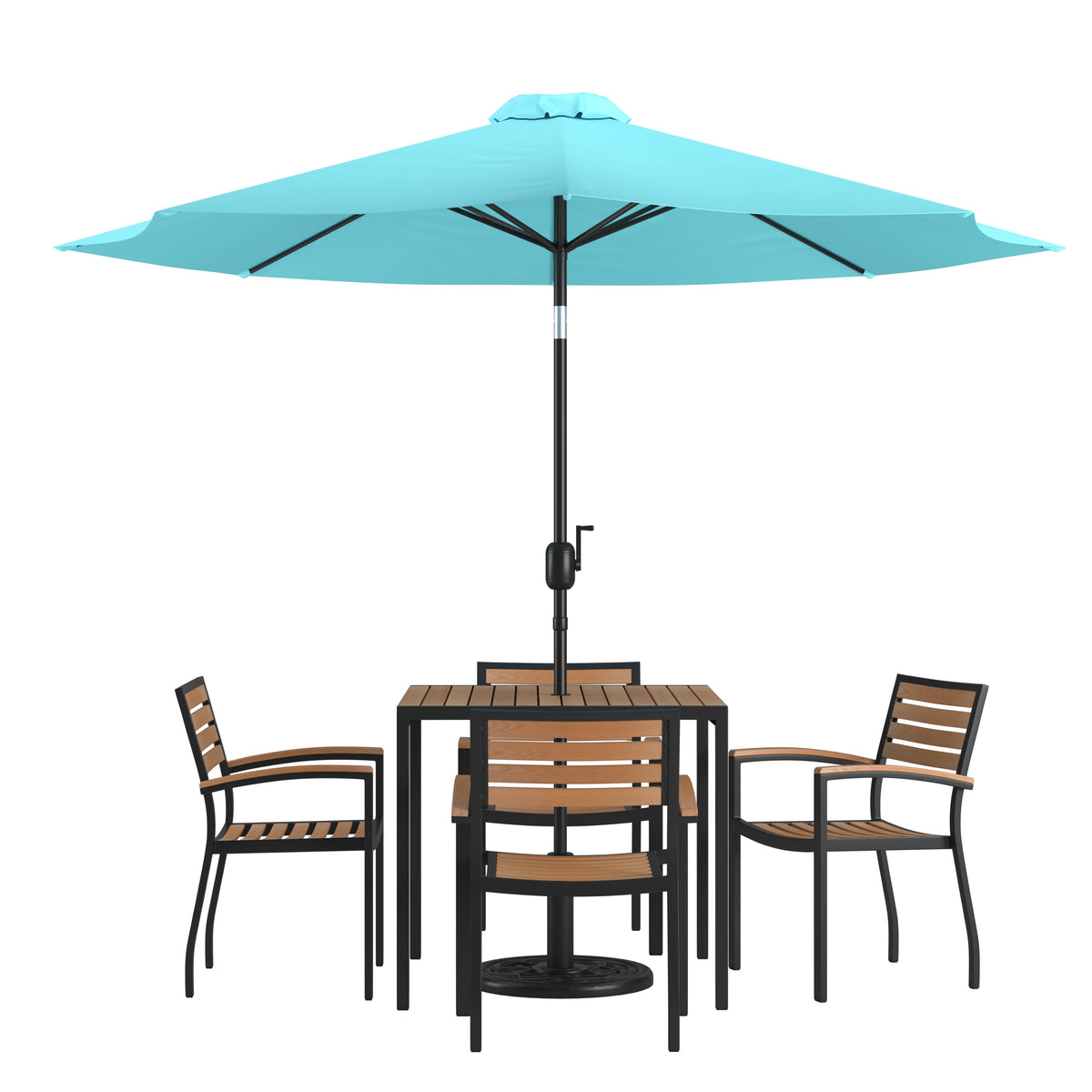 Flash Furniture XU-DG-810060064-UB19BTL-GG 35" Square Faux Teak Patio Table, 4 Chairs and Teal 9FT Patio Umbrella with Base - Main view