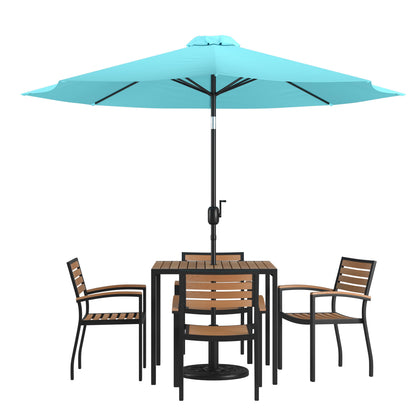 Flash Furniture XU-DG-810060064-UB19BTL-GG 35" Square Faux Teak Patio Table, 4 Chairs and Teal 9FT Patio Umbrella with Base - Main view
