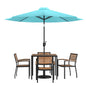 Flash Furniture XU-DG-810060064-UB19BTL-GG 35" Square Faux Teak Patio Table, 4 Chairs and Teal 9FT Patio Umbrella with Base - Main view