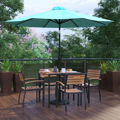 Flash Furniture XU-DG-810060064-UB19BTL-GG 35" Square Faux Teak Patio Table, 4 Chairs and Teal 9FT Patio Umbrella with Base - View 2