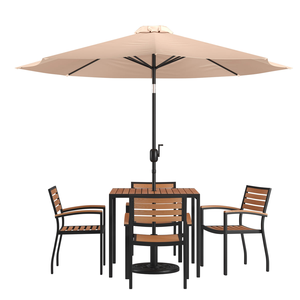 Flash Furniture XU-DG-810060064-UB19BTN-GG 35" Square Faux Teak Patio Table, 4 Chairs and Tan 9FT Patio Umbrella with Base - Main view