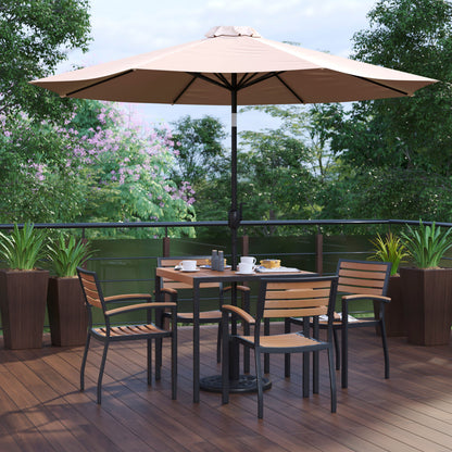 Flash Furniture XU-DG-810060064-UB19BTN-GG 35" Square Faux Teak Patio Table, 4 Chairs and Tan 9FT Patio Umbrella with Base - View 2