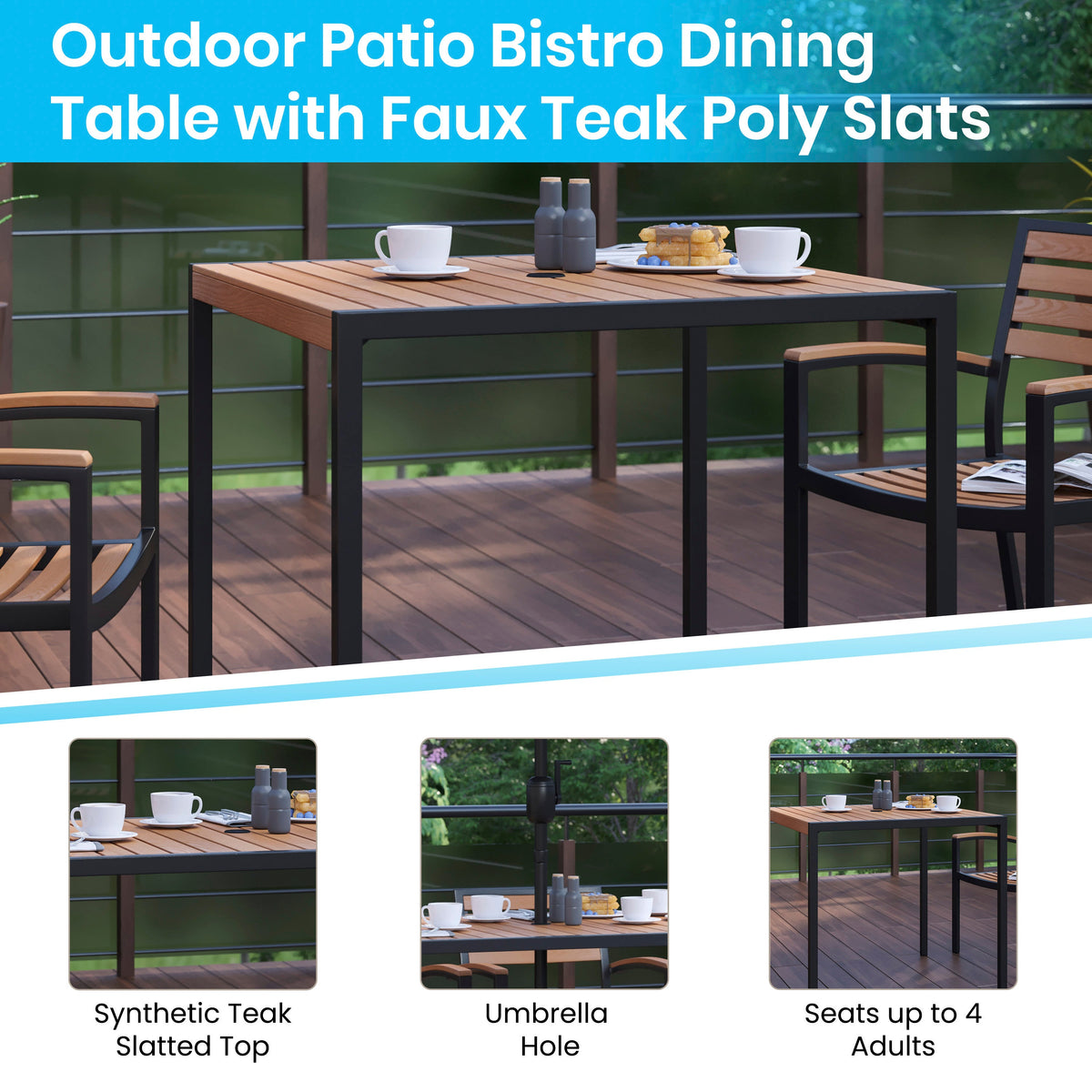 Flash Furniture XU-DG-810060064-UB19BTN-GG 35" Square Faux Teak Patio Table, 4 Chairs and Tan 9FT Patio Umbrella with Base - View 3