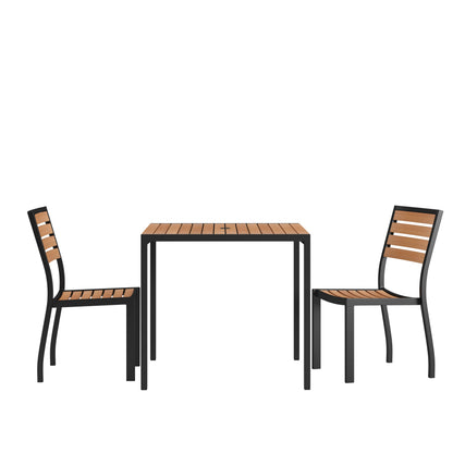 Flash Furniture XU-DG-810060362-GG Black Indoor/Outdoor 35" Square Faux Teak Table with 2 Club Chairs with Arms - Main view