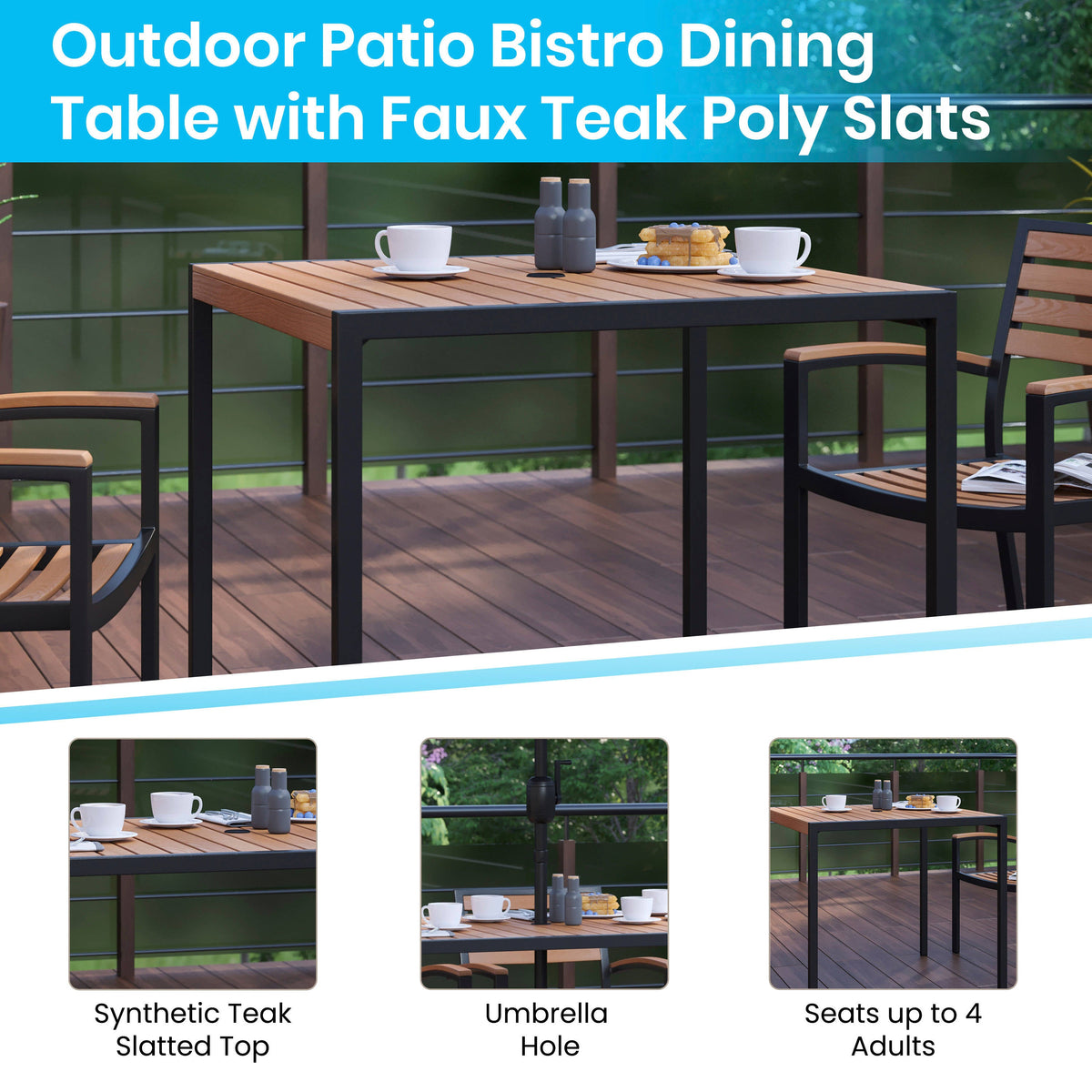 Flash Furniture XU-DG-810060362-GG Black Indoor/Outdoor 35" Square Faux Teak Table with 2 Club Chairs with Arms - View 10