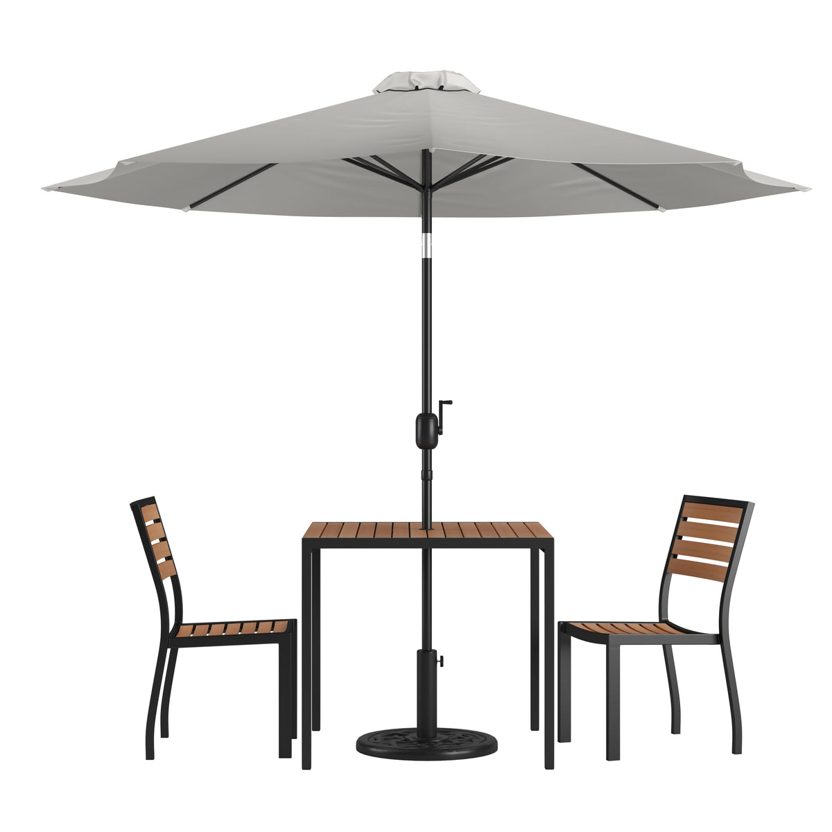 Flash Furniture XU-DG-810060362-UB19BGY-GG Faux Teak 35" Square Patio Table, 2 Chairs & Gray 9FT Patio Umbrella with Base - Main view