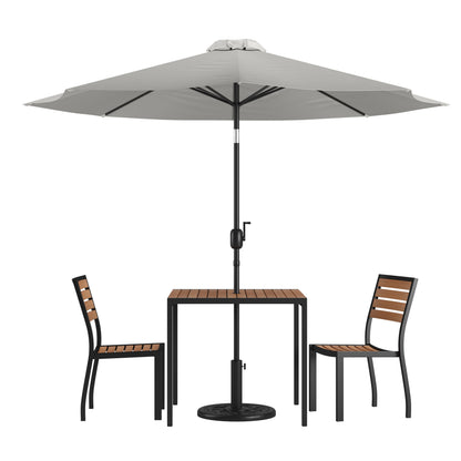 Flash Furniture XU-DG-810060362-UB19BGY-GG Faux Teak 35" Square Patio Table, 2 Chairs & Gray 9FT Patio Umbrella with Base - Main view