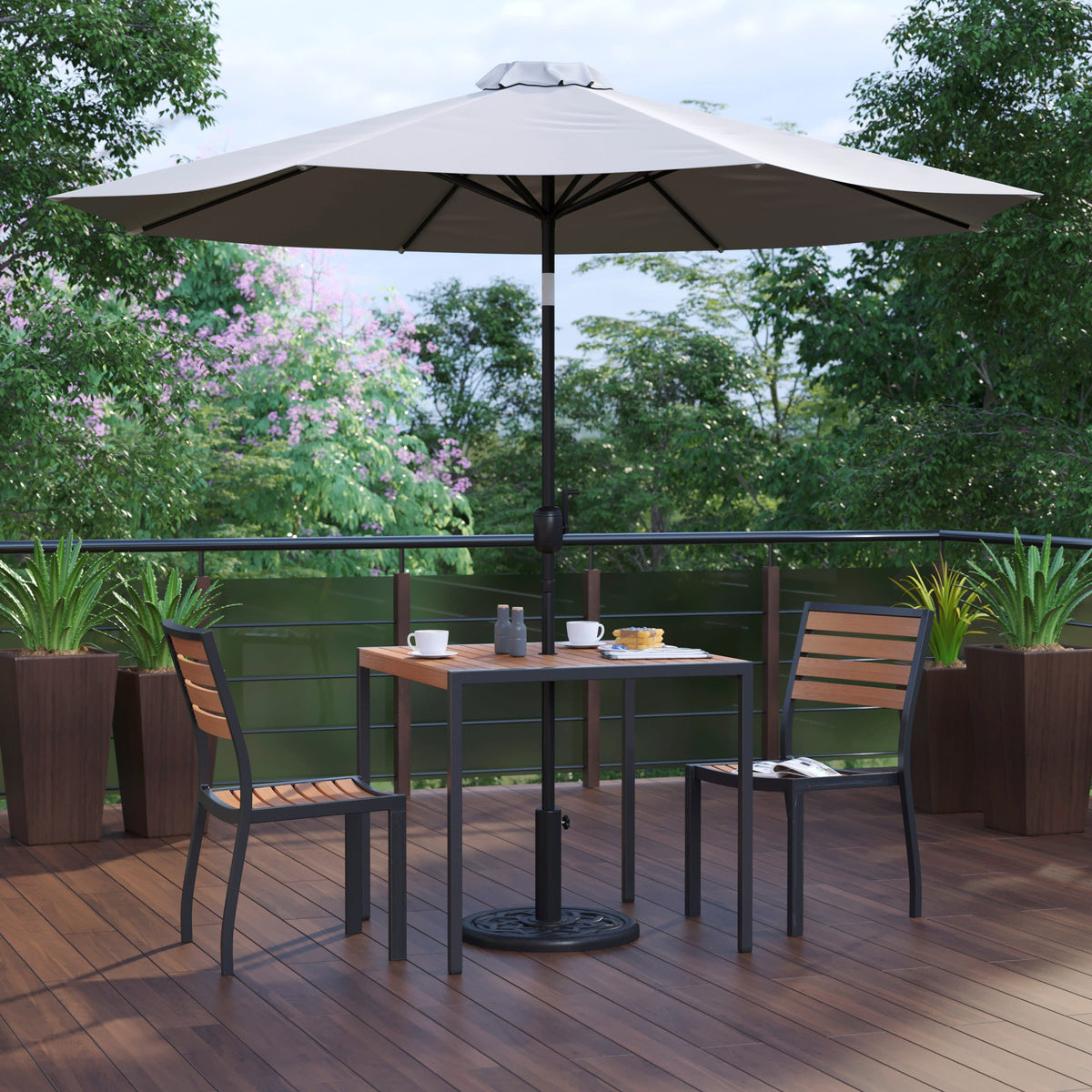 Flash Furniture XU-DG-810060362-UB19BGY-GG Faux Teak 35" Square Patio Table, 2 Chairs & Gray 9FT Patio Umbrella with Base - View 2