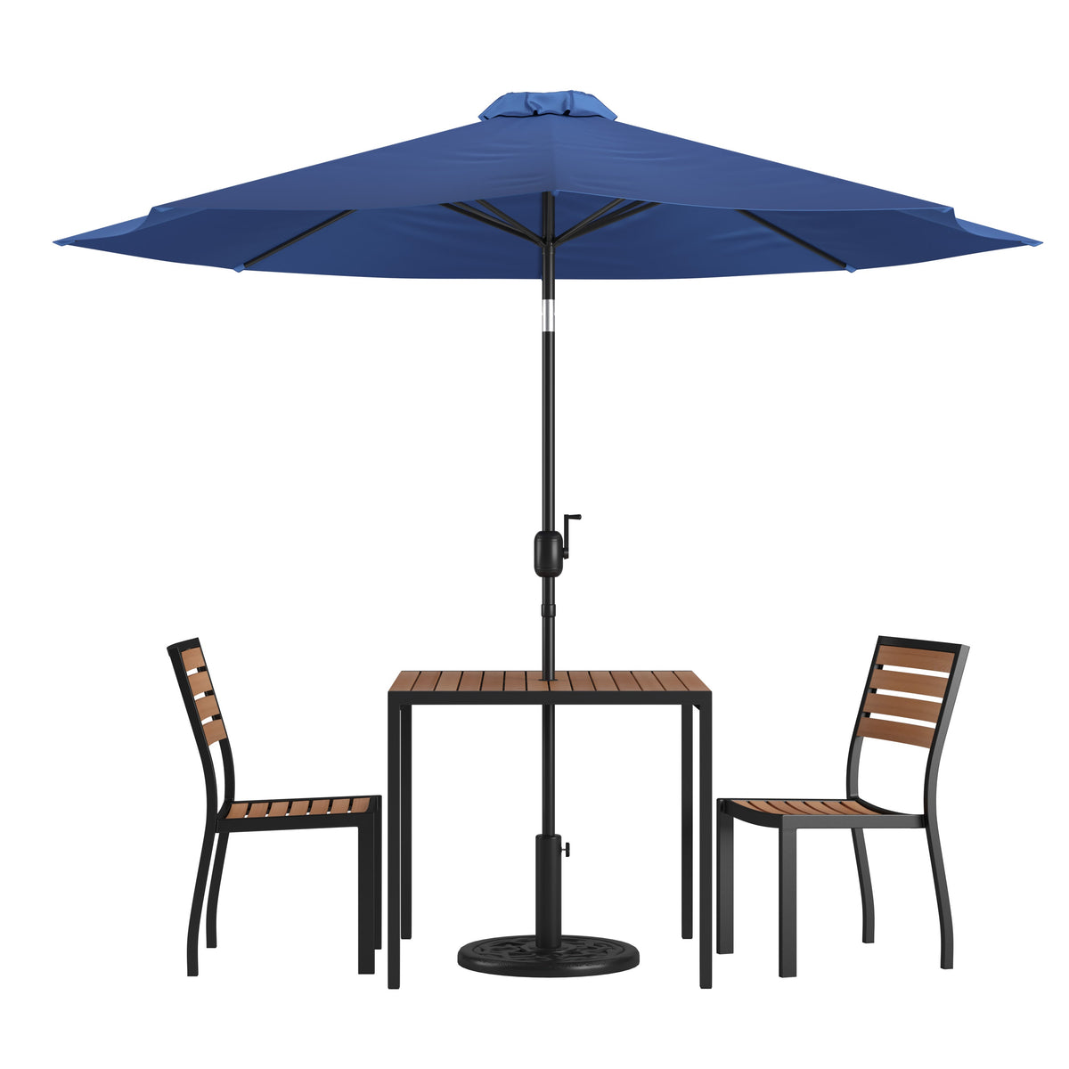 Flash Furniture XU-DG-810060362-UB19BNV-GG Faux Teak 35" Square Patio Table, 2 Chairs & Navy 9FT Patio Umbrella with Base - Main view
