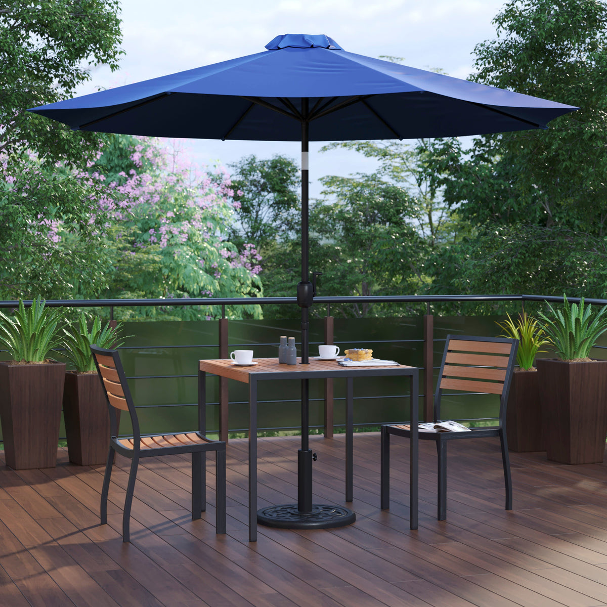 Flash Furniture XU-DG-810060362-UB19BNV-GG Faux Teak 35" Square Patio Table, 2 Chairs & Navy 9FT Patio Umbrella with Base - View 2