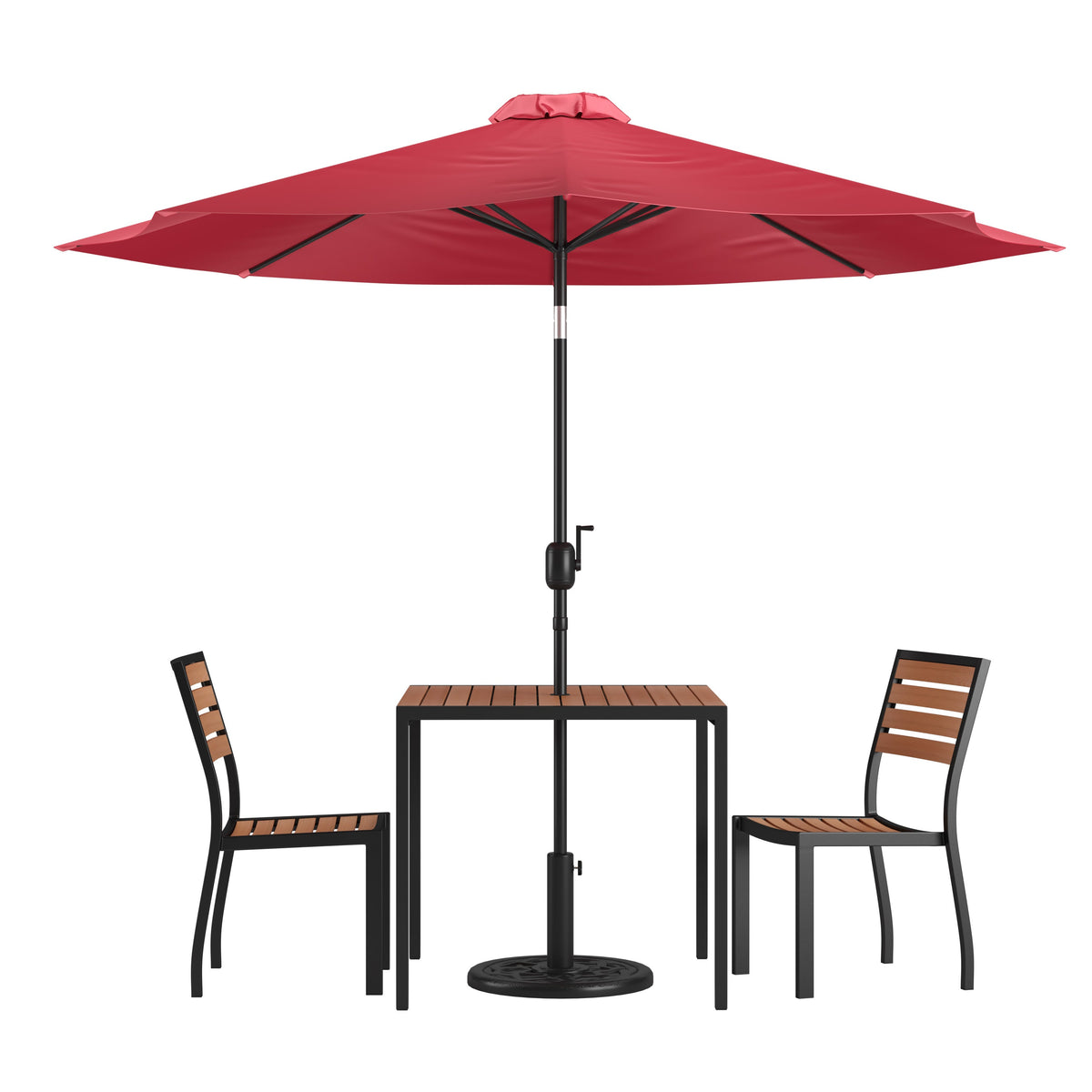 Flash Furniture XU-DG-810060362-UB19BRD-GG Faux Teak 35" Square Patio Table, 2 Chairs & Red 9FT Patio Umbrella with Base - Main view