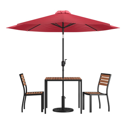 Flash Furniture XU-DG-810060362-UB19BRD-GG Faux Teak 35" Square Patio Table, 2 Chairs & Red 9FT Patio Umbrella with Base - Main view