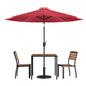 Flash Furniture XU-DG-810060362-UB19BRD-GG Faux Teak 35" Square Patio Table, 2 Chairs & Red 9FT Patio Umbrella with Base - Main view