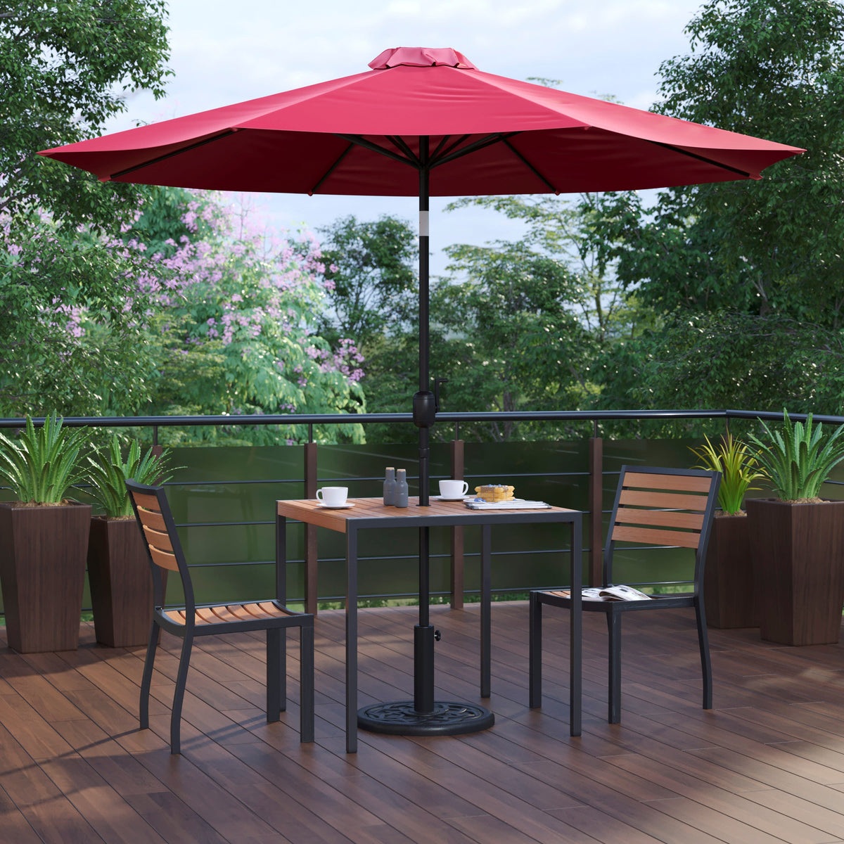 Flash Furniture XU-DG-810060362-UB19BRD-GG Faux Teak 35" Square Patio Table, 2 Chairs & Red 9FT Patio Umbrella with Base - View 2