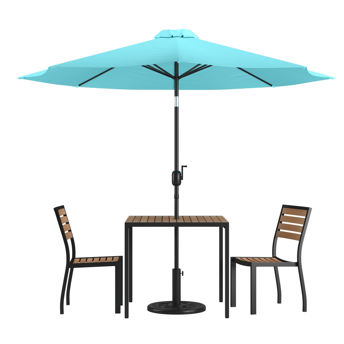 Flash Furniture XU-DG-810060362-UB19BTL-GG Faux Teak 35" Square Patio Table, 2 Chairs & Teal 9FT Patio Umbrella with Base - Main view
