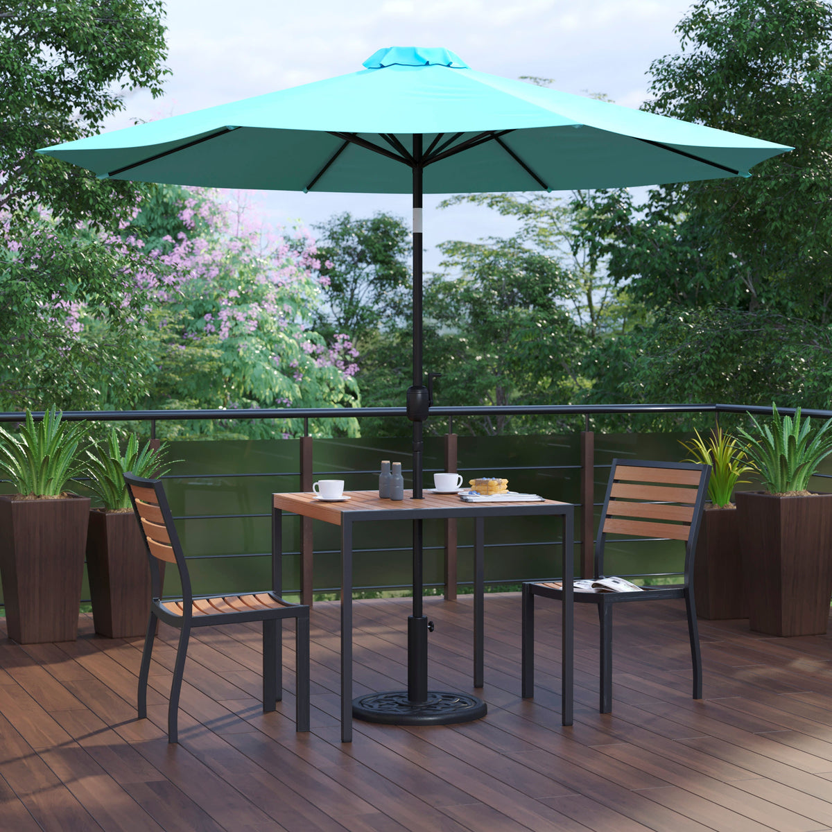 Flash Furniture XU-DG-810060362-UB19BTL-GG Faux Teak 35" Square Patio Table, 2 Chairs & Teal 9FT Patio Umbrella with Base - View 2
