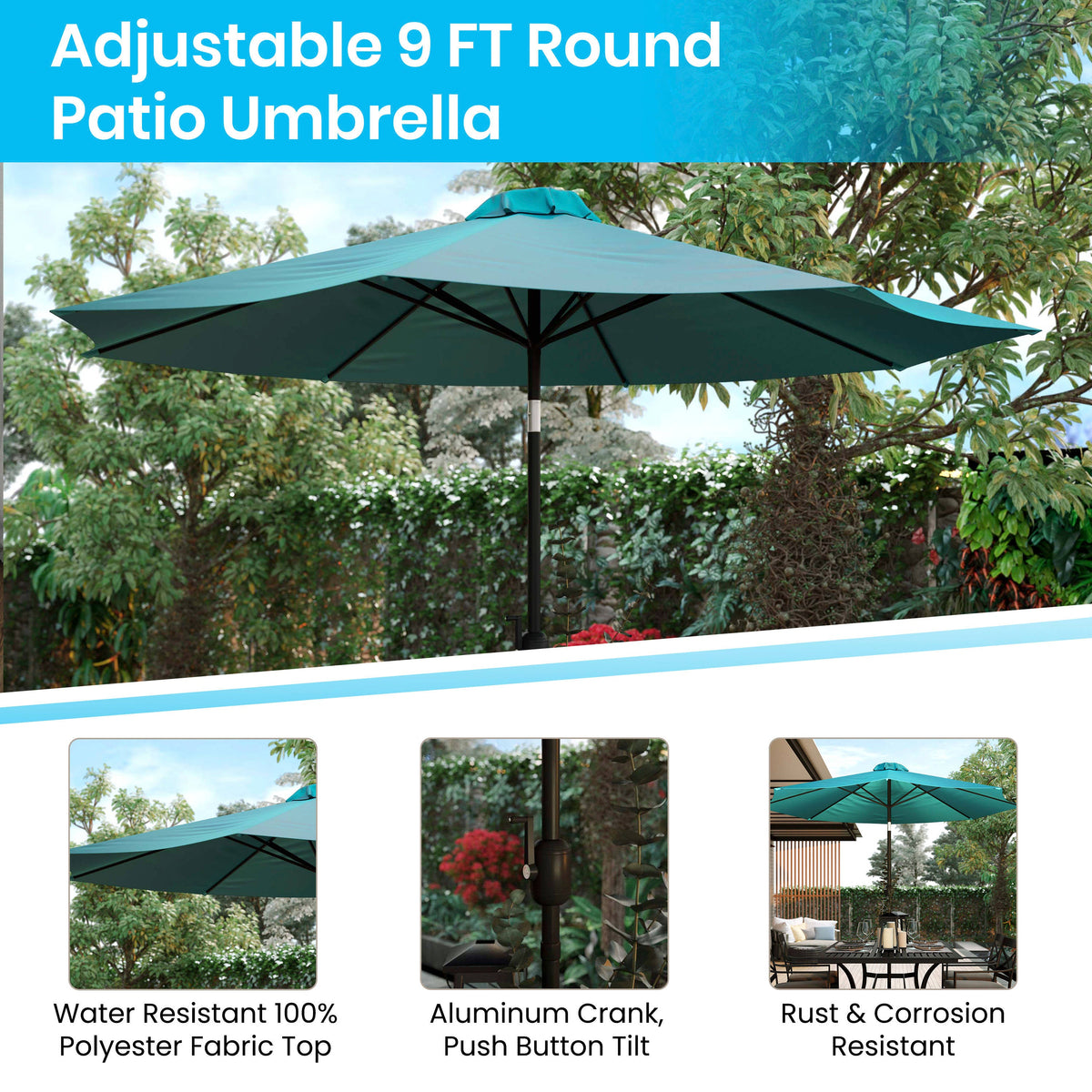 Flash Furniture XU-DG-810060362-UB19BTL-GG Faux Teak 35" Square Patio Table, 2 Chairs & Teal 9FT Patio Umbrella with Base - View 5