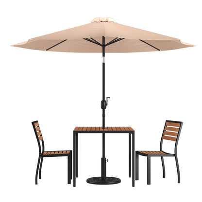 Flash Furniture XU-DG-810060362-UB19BTN-GG Faux Teak 35" Square Patio Table, 2 Chairs & Tan 9FT Patio Umbrella with Base - Main view