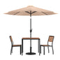 Flash Furniture XU-DG-810060362-UB19BTN-GG Faux Teak 35" Square Patio Table, 2 Chairs & Tan 9FT Patio Umbrella with Base - Main view