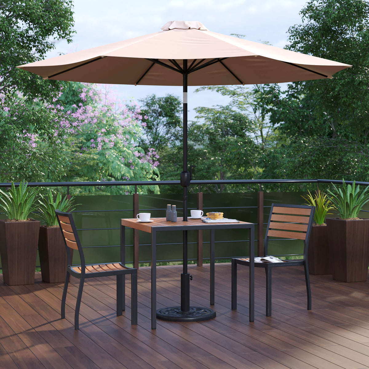 Flash Furniture XU-DG-810060362-UB19BTN-GG Faux Teak 35" Square Patio Table, 2 Chairs & Tan 9FT Patio Umbrella with Base - View 2