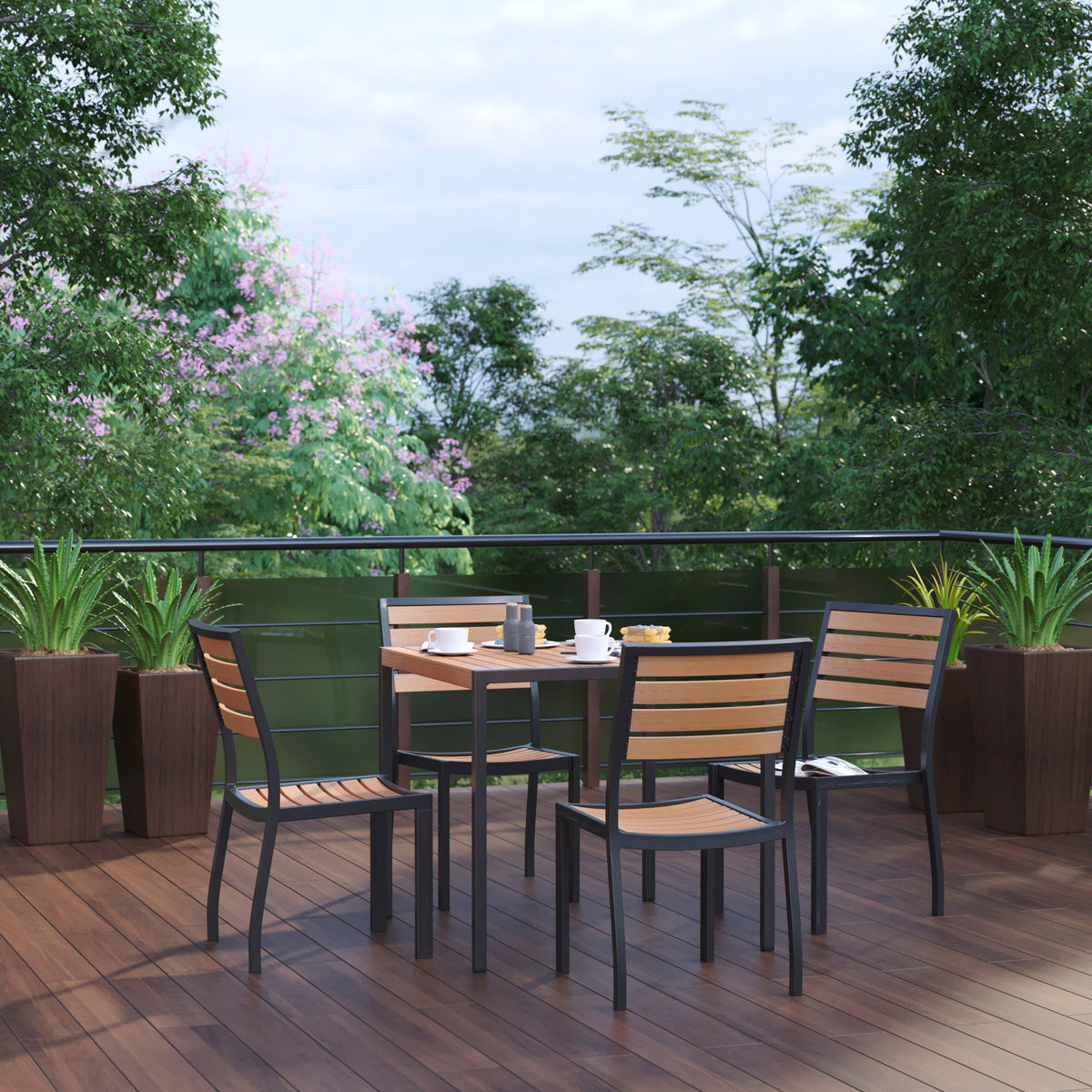 Flash Furniture XU-DG-810060364-GG Black Indoor/Outdoor 35" Square Faux Teak Table with 4 Club Chairs with Arms - View 2