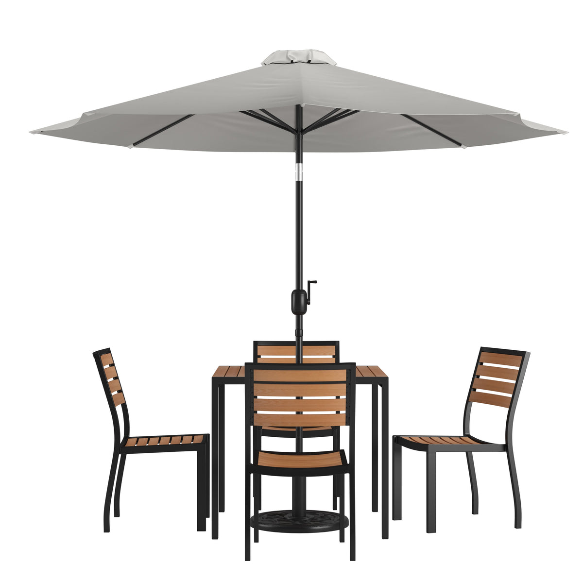 Flash Furniture XU-DG-810060364-UB19BGY-GG Faux Teak 35" Square Patio Table, 4 Chairs & Gray 9FT Patio Umbrella with Base - Main view