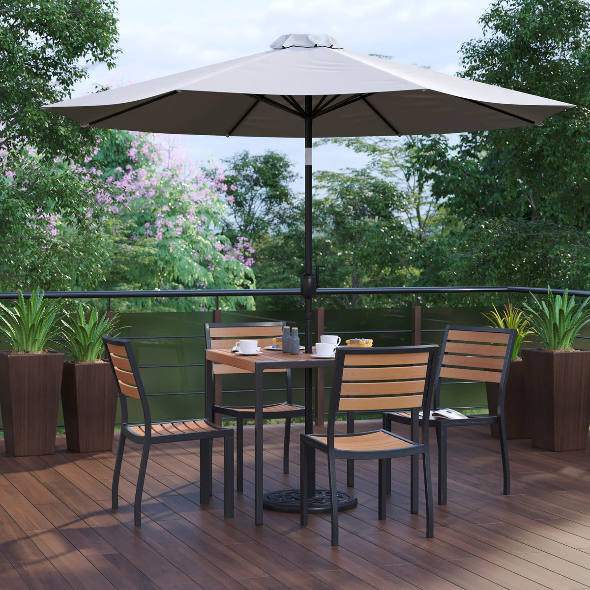 Flash Furniture XU-DG-810060364-UB19BGY-GG Faux Teak 35" Square Patio Table, 4 Chairs & Gray 9FT Patio Umbrella with Base - View 2