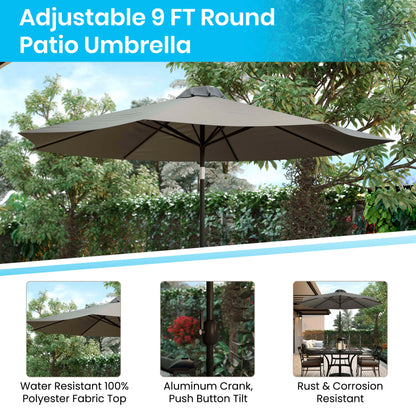 Flash Furniture XU-DG-810060364-UB19BGY-GG Faux Teak 35" Square Patio Table, 4 Chairs & Gray 9FT Patio Umbrella with Base - View 5