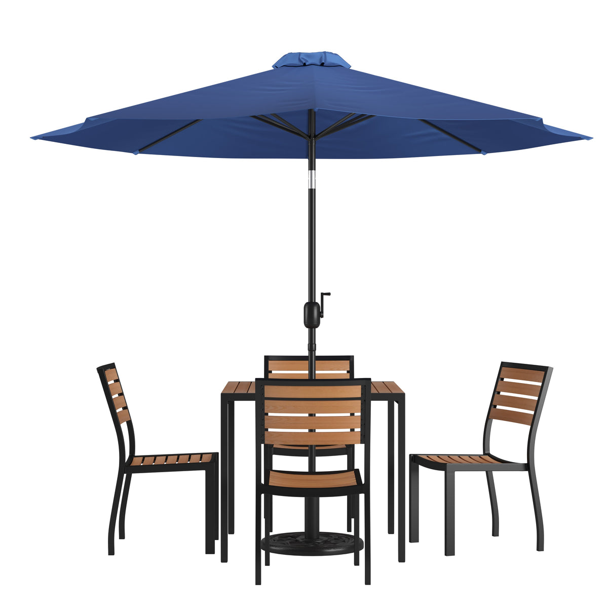 Flash Furniture XU-DG-810060364-UB19BNV-GG Faux Teak 35" Square Patio Table, 4 Chairs & Navy 9FT Patio Umbrella with Base - Main view